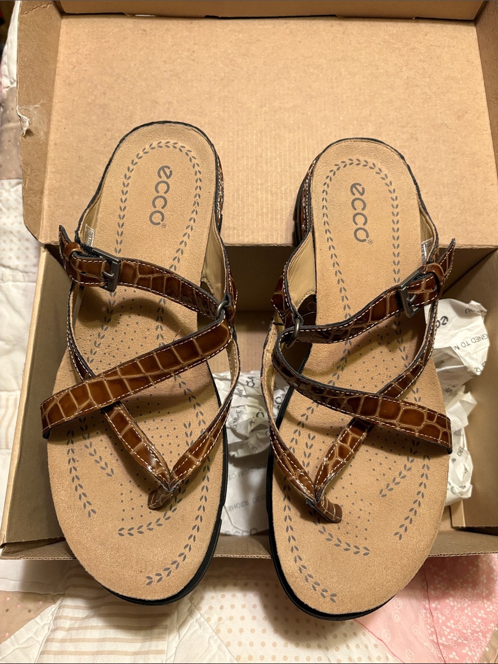 Ecco Brown Croc-Embossed Strappy Leather Sandals Size 9-9.5
